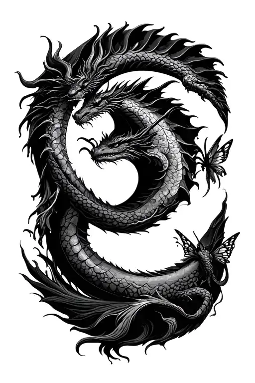 dragon and fairy sleeping moon surrounded tattoo design idea