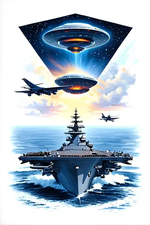 triangle shaped UFO flying over top a United States Aircraft Carrier tattoo design idea