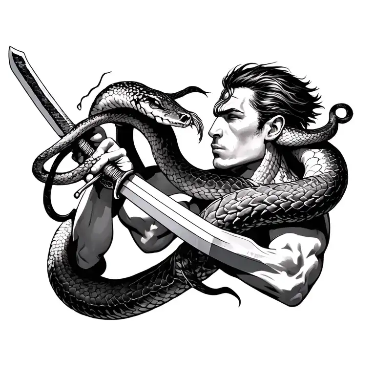 man with sword fighting a snake wrapped around his arm and neck tattoo design idea