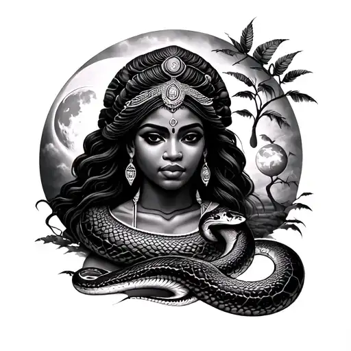 Tattoo idea of Realistic African godess Ala with sacred python, moon, and earth/tree  tattoo design idea