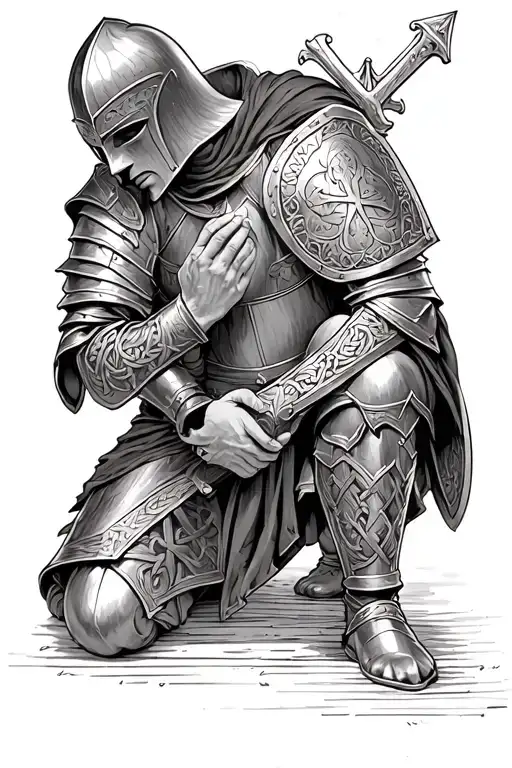 Templar knight celtic armor kneeling praying with hand on a shield tattoo design idea