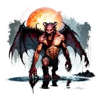 demon.extreme realism.standing over a puddle  tattoo design idea