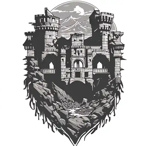 destroyed ancient ruin castle overlooking mountains tattoo design idea
