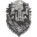 destroyed ancient ruin castle overlooking mountains tattoo design idea