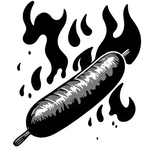 A minimalistic tattoo design, about 6x6 cm. A single boiled sausage in a bred over flames tattoo design idea