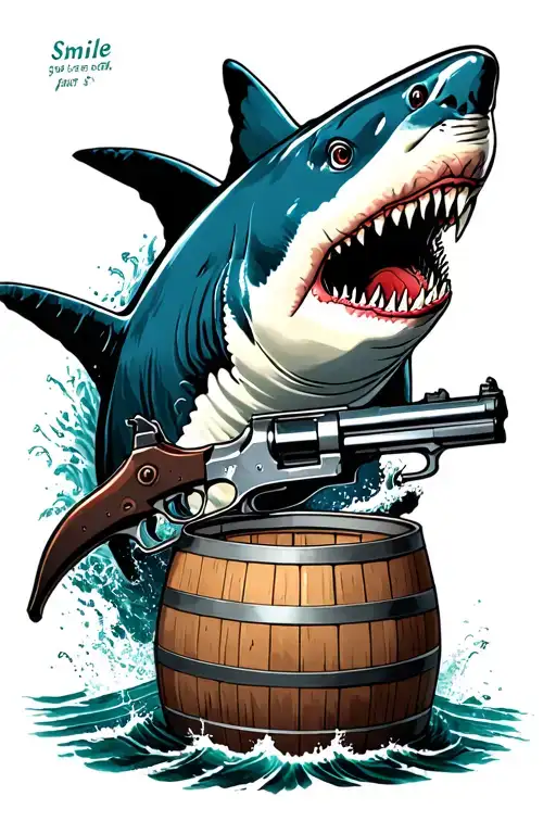the movie jaws. a shark, barrel, and a shotgun. the words "smile you son of a bitch" tattoo design idea