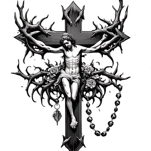 cross crucifix with rosary and thorn crown tattoo tattoo design idea