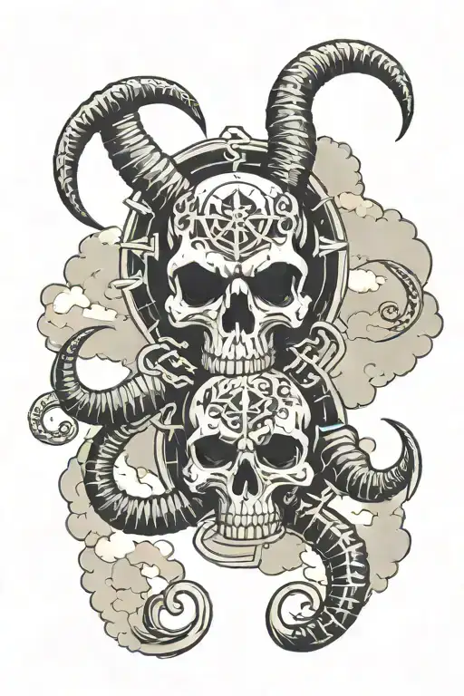 skulls clouds with Capricorn zodiac signs intertwined tattoo design idea