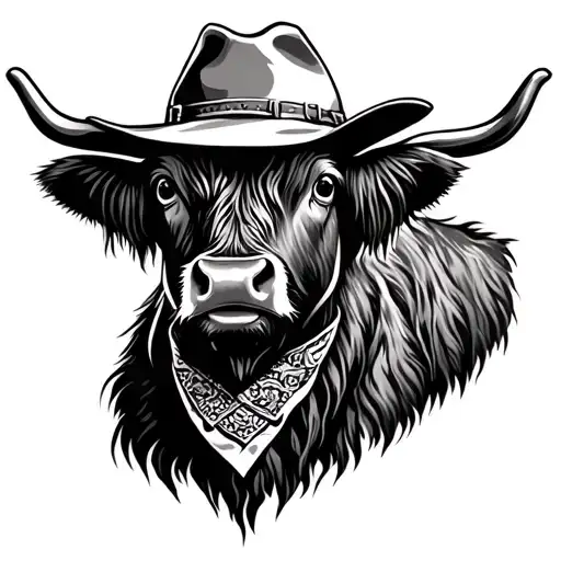 simple highland cow wearing cowboy hat and bandana on neck tattoo design idea