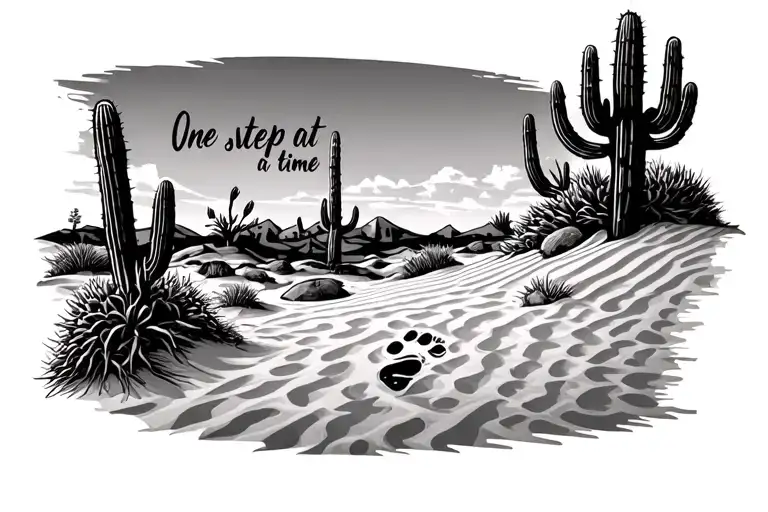 footprints in the sand desert landscape/background with cactus and the words "One step at a time" in cursive underneath tattoo design idea