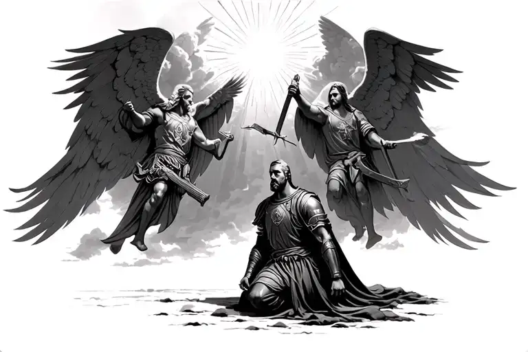 crusader kneeling and the 3 archangels in the sky in the background. The sky shoud should be cloudy with rays coming dow tattoo design idea