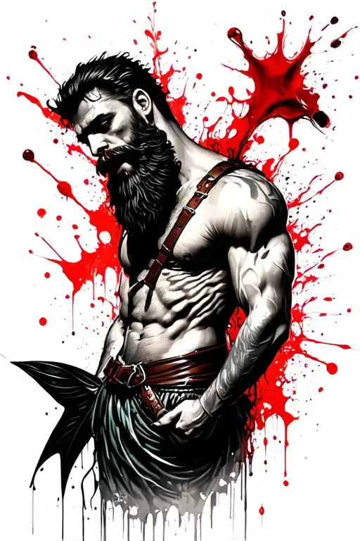 alice in wonderland theme but horror. include a bearded muscle merman wearing a leather harness. gay erotica tattoo design idea