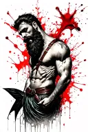 alice in wonderland theme but horror. include a bearded muscle merman wearing a leather harness. gay erotica tattoo design idea