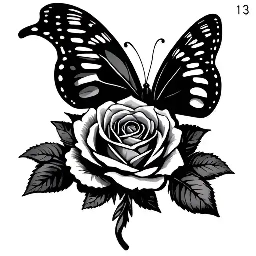 butterfly and rose with Roman numeral of the number 13 tattoo design idea