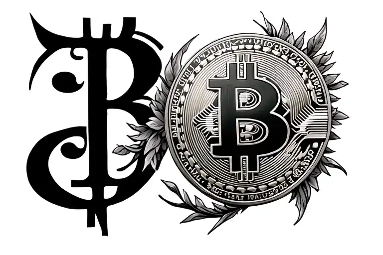 black tattoo that includes bitcoin and queens of the stone age tattoo design idea