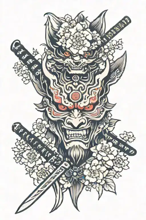 oni wolf demon head with Japanese flowers and cherry blossoms around his head with a Japanese katana and Japanese temple tattoo design idea
