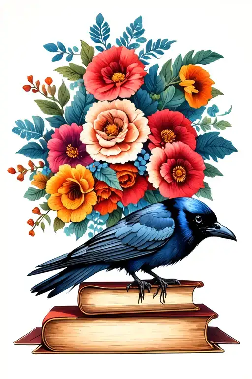 raven perched on books written by edgar allen poe with flowers tattoo design idea