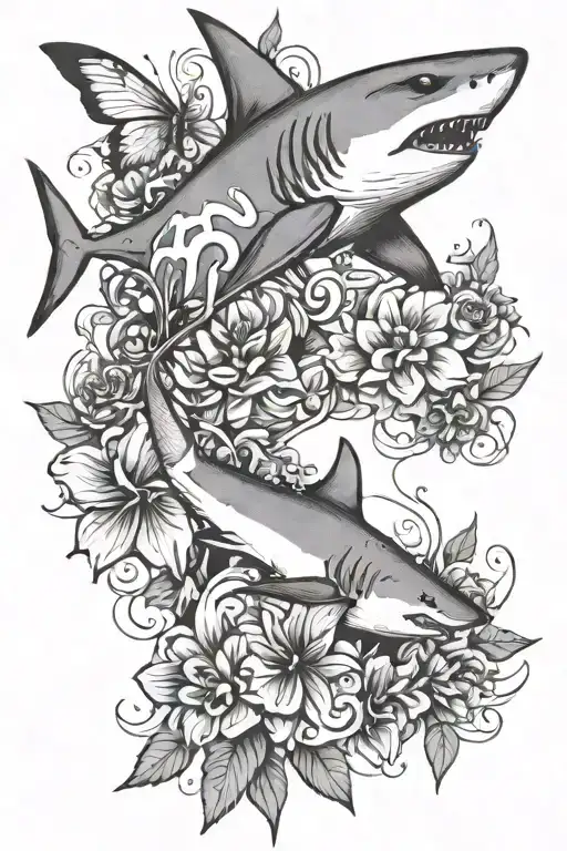 shark outline and flower and butterfly tattoo design idea
