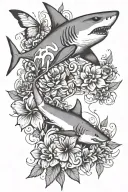 shark outline and flower and butterfly tattoo design idea
