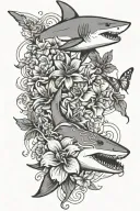 shark outline and flower and butterfly tattoo design idea
