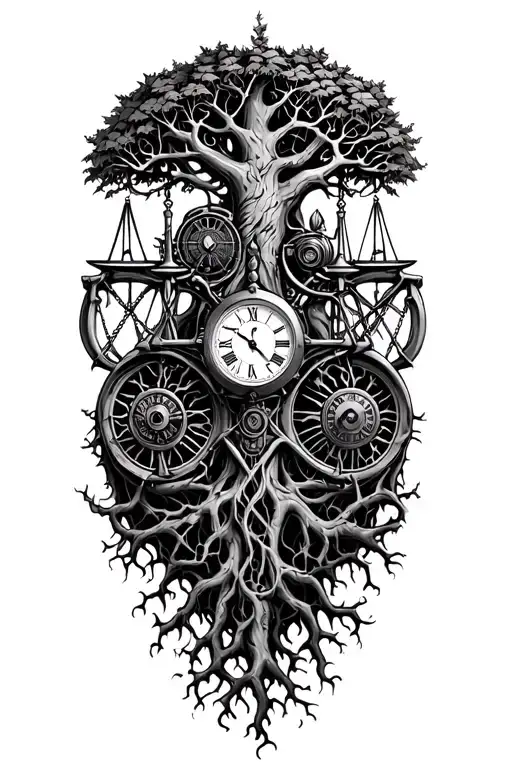 gothic tree of life with midevil roots intertwined with v-twin motor, libra scales and a clock tattoo design idea