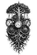 gothic tree of life with midevil roots intertwined with v-twin motor, libra scales and a clock tattoo design idea