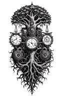 gothic tree of life with midevil roots intertwined with v-twin motor, libra scales and a clock tattoo design idea