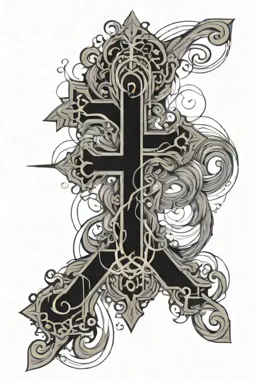 A cross symbol with flowing elements that transforms the darkness of the phrase Romans 12:21 tattoo design idea