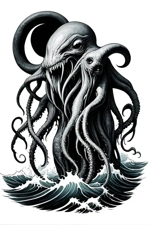 cthulhu with waves crashing realistic horror tattoo design idea