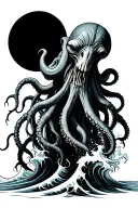 cthulhu with waves crashing realistic horror tattoo design idea