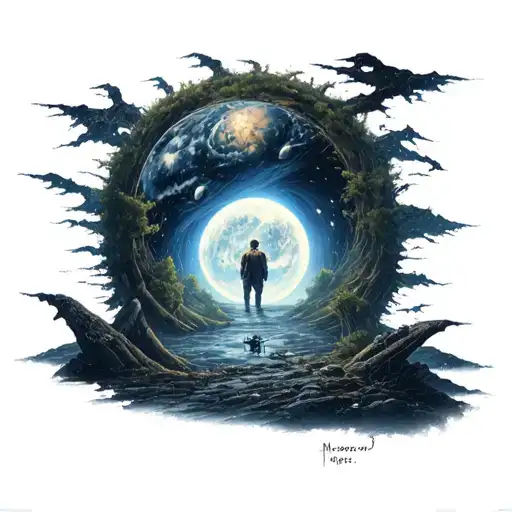 , a war scenario, in the middle of an intergalactic portal, nature peace scenery tattoo design idea