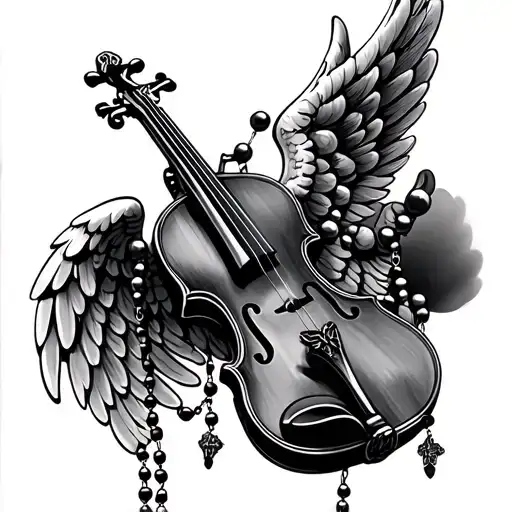 rosary Beads intertwined with angel wings and Violin tattoo design idea