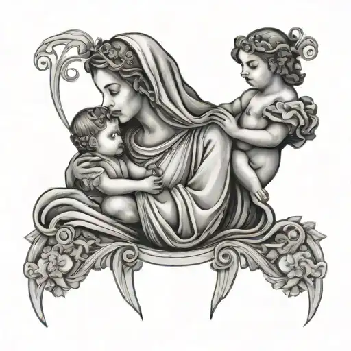 Virgo holding baby Aquarius and baby libra tattoo design idea