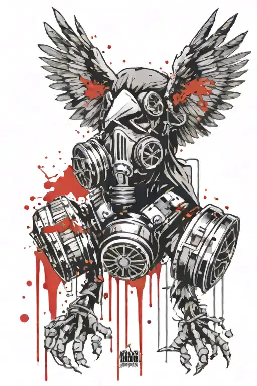 gas mask, restricted area, infected raven with outstretched wings from the rain tattoo design idea