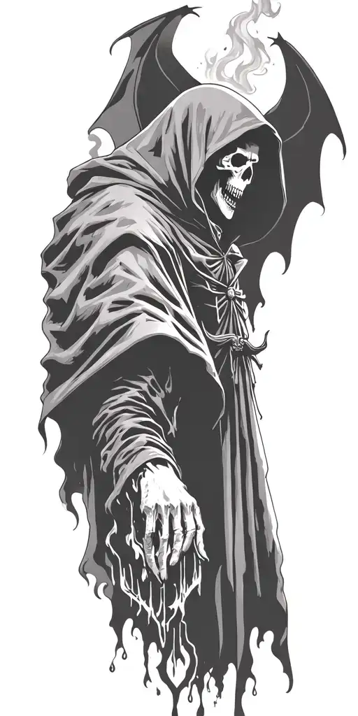 hooded reaper silohuette, smoke, fire, scary, bat wings tattoo design idea