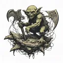 goblin standing on dead bodies with axe tattoo design idea