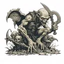 goblin standing on dead bodies with axe tattoo design idea