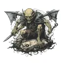 goblin standing on dead bodies with axe tattoo design idea