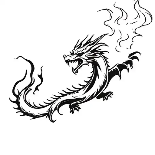 stencil of a flying dragon breathing fire tattoo design idea