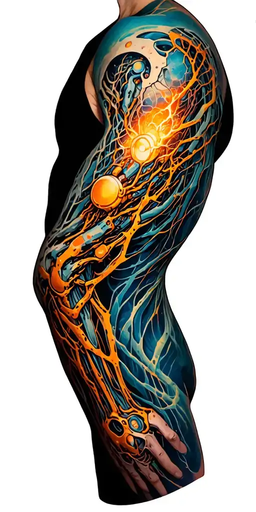   biomechanical sleeve reflecting true underlying biology of arm that blends to mechanics tattoo design idea