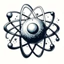 hydrogen atom with elementary particles flying, minimalist tattoo design idea