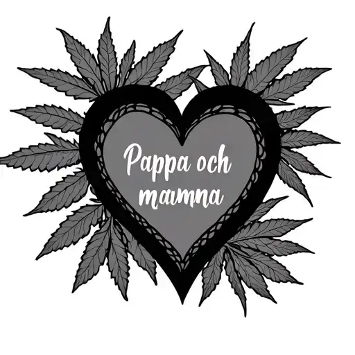 "Pappa och mamma " heart with weed leafs with names in the middle tattoo design idea