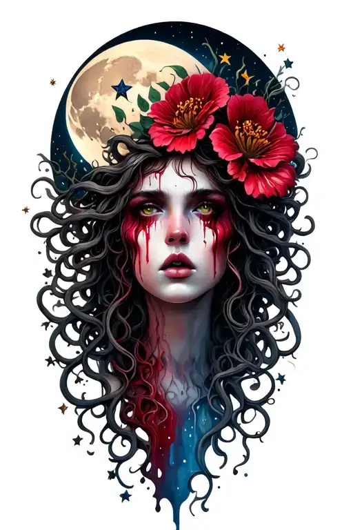 medusa crying blood tears,flowers,vines,moon and stars sleeve tattoo design idea