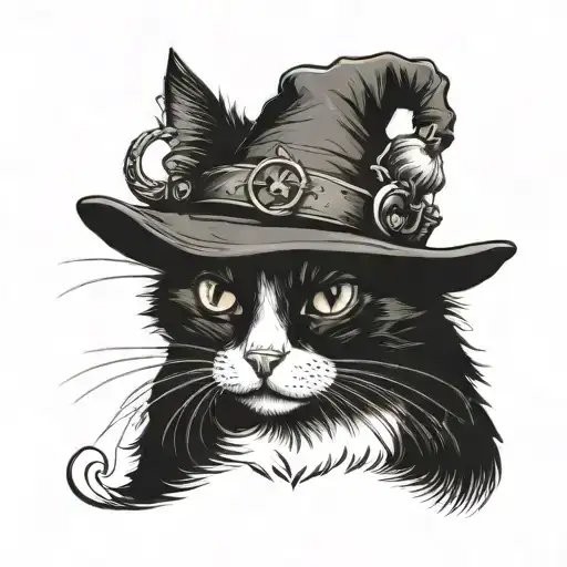 Black and white cat with a Merlin the Wizard hat tattoo design idea
