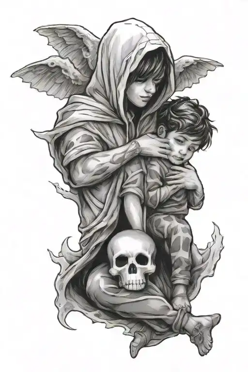 boy hugs ghost tattoo design idea