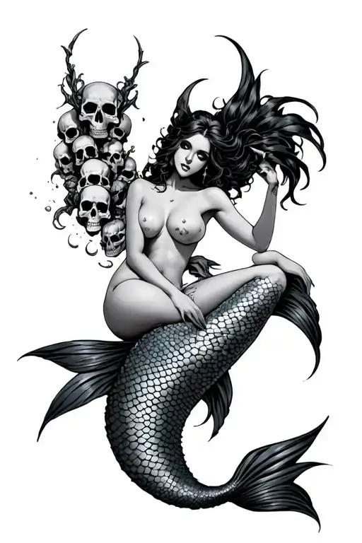 evil mermaid topless sitting on a pile of skulls with ocean background in a pinup girl style tattoo design idea