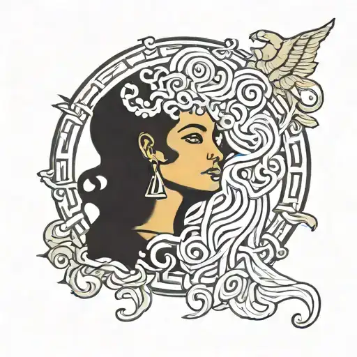 two lesbian huggin medusa style, greek and style like a tarot card with the frame and the numer 7 on top tattoo design idea