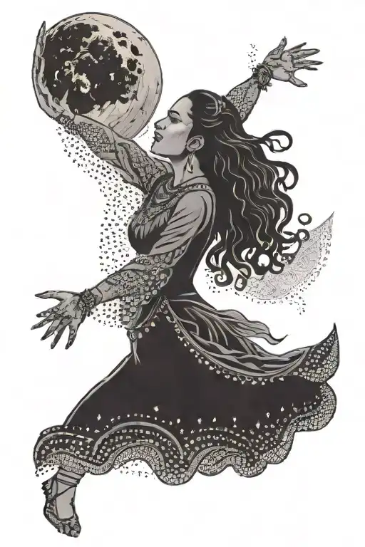 A dotwork tattoo of a Latina woman dancing flamenco, with a wolf silhouette howling at a full moon in the background tattoo design idea