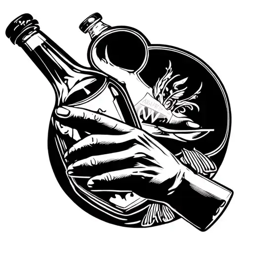 whiskey bottle playing poker hand tattoo design idea