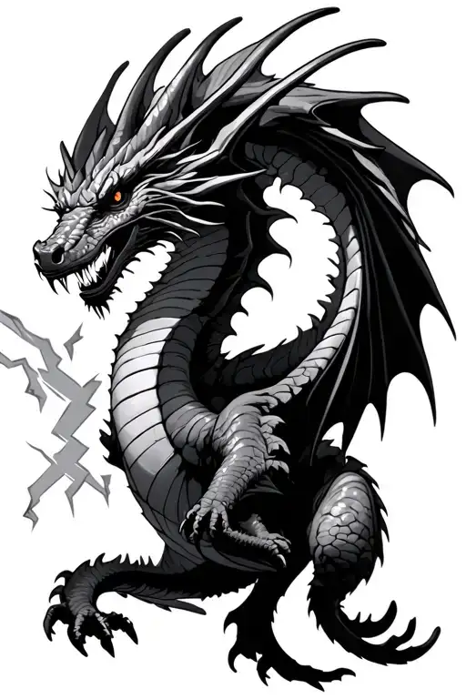 Fourth Wing dragon flying with open wings and lightning background tattoo design idea